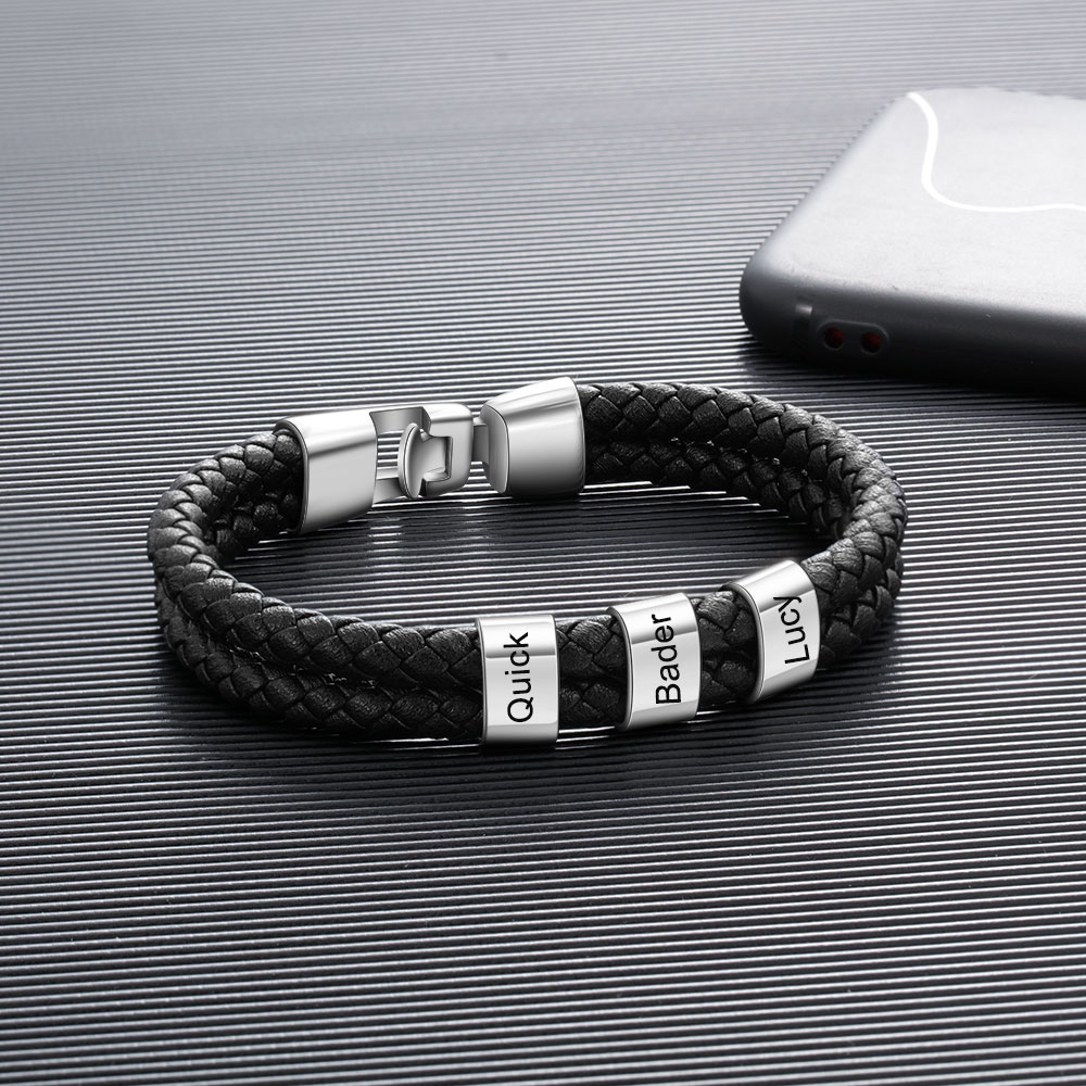 Pulsera 1-8 Nombres Personalizados de Cuero Trenzado con Aros-Jessemade ES