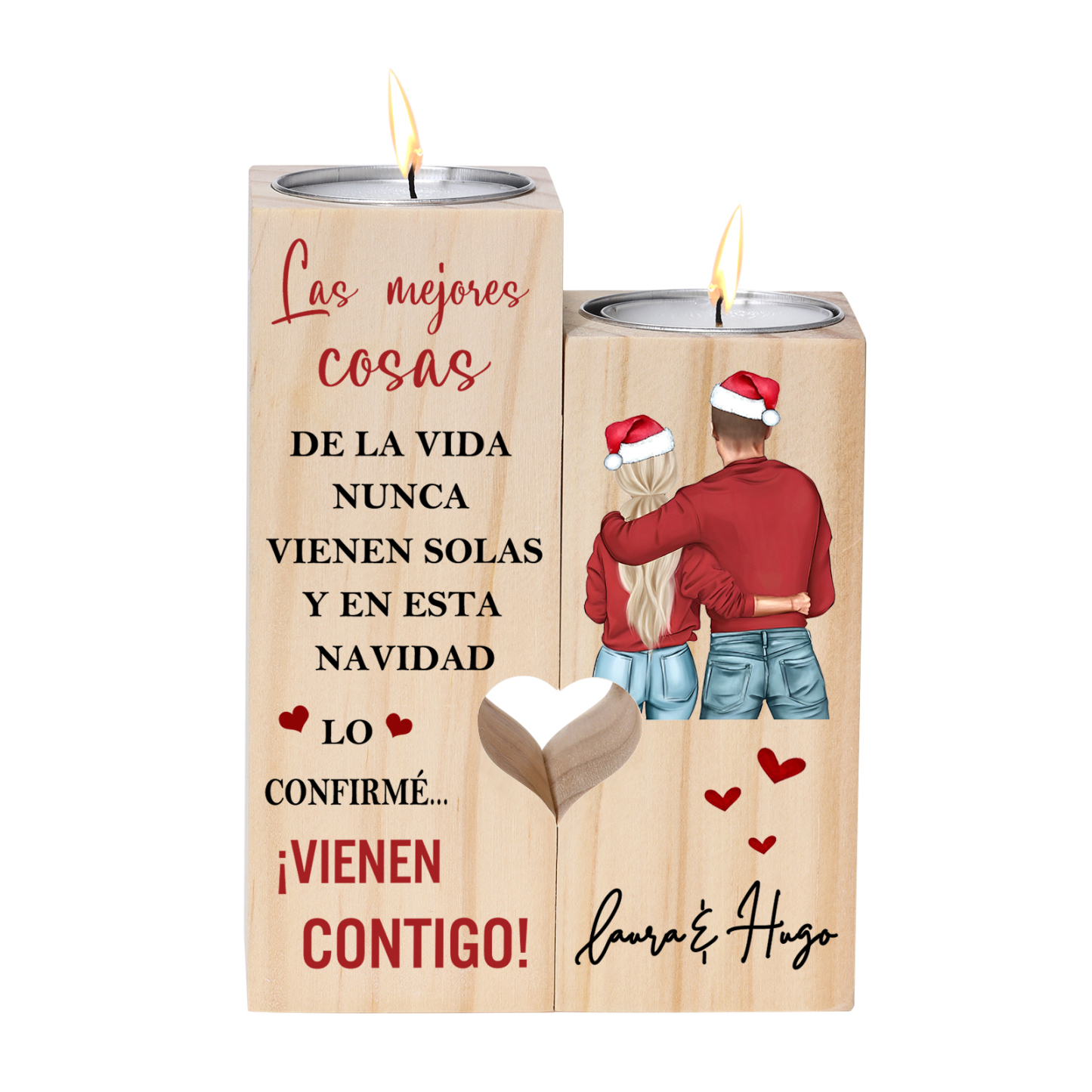 Regalo de Navidad-Candelero para pareja de madera de dos piezas sin candela con nombres personalizados-Jessemade ES