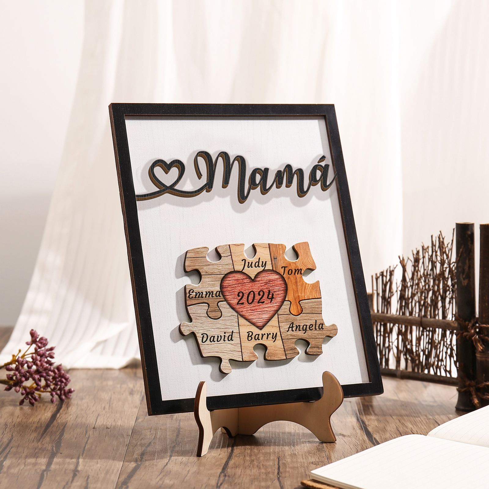 A mi mamá-Adorno 2-6 nombres y año personalizados decoración de madera rompecabezas-Jessemade ES