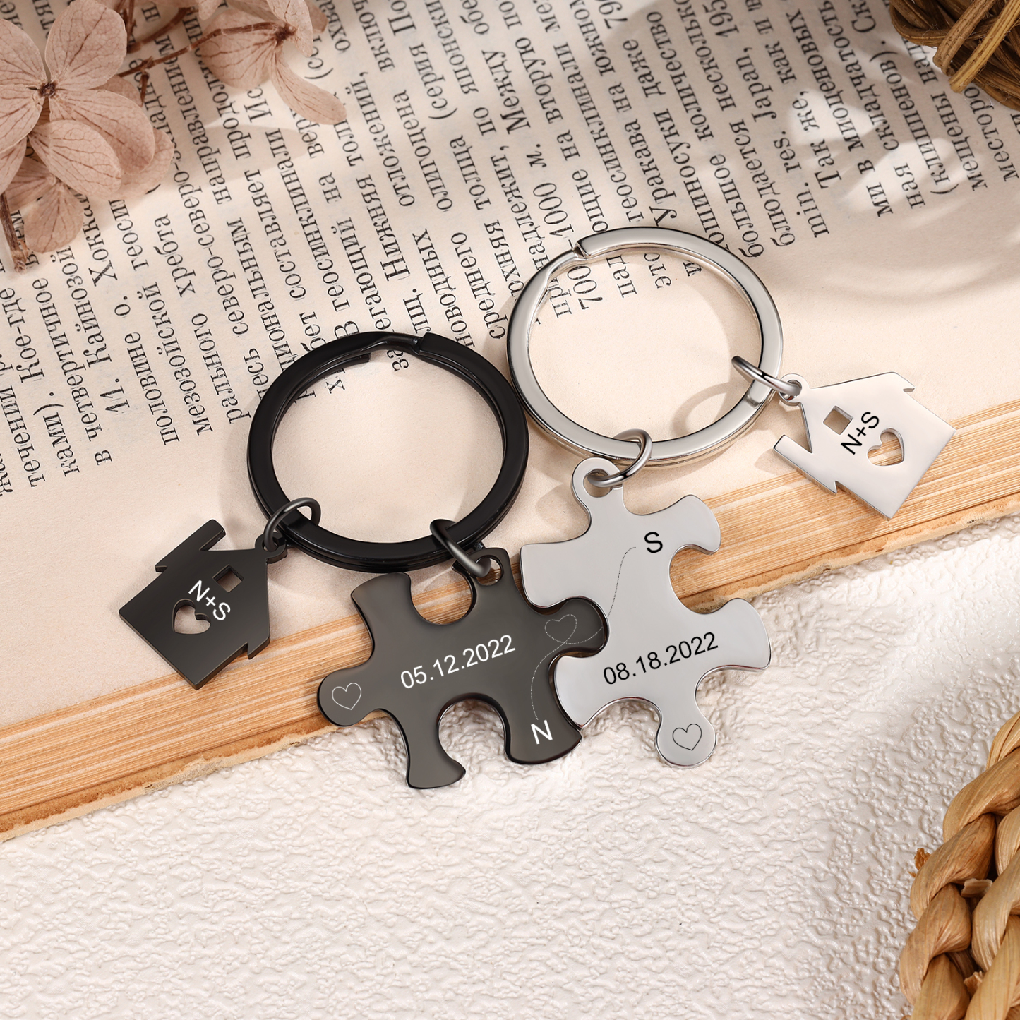 Llavero para pareja rompecabezas 2 letras personalizadas con fecha dije de casa-Jessemade ES