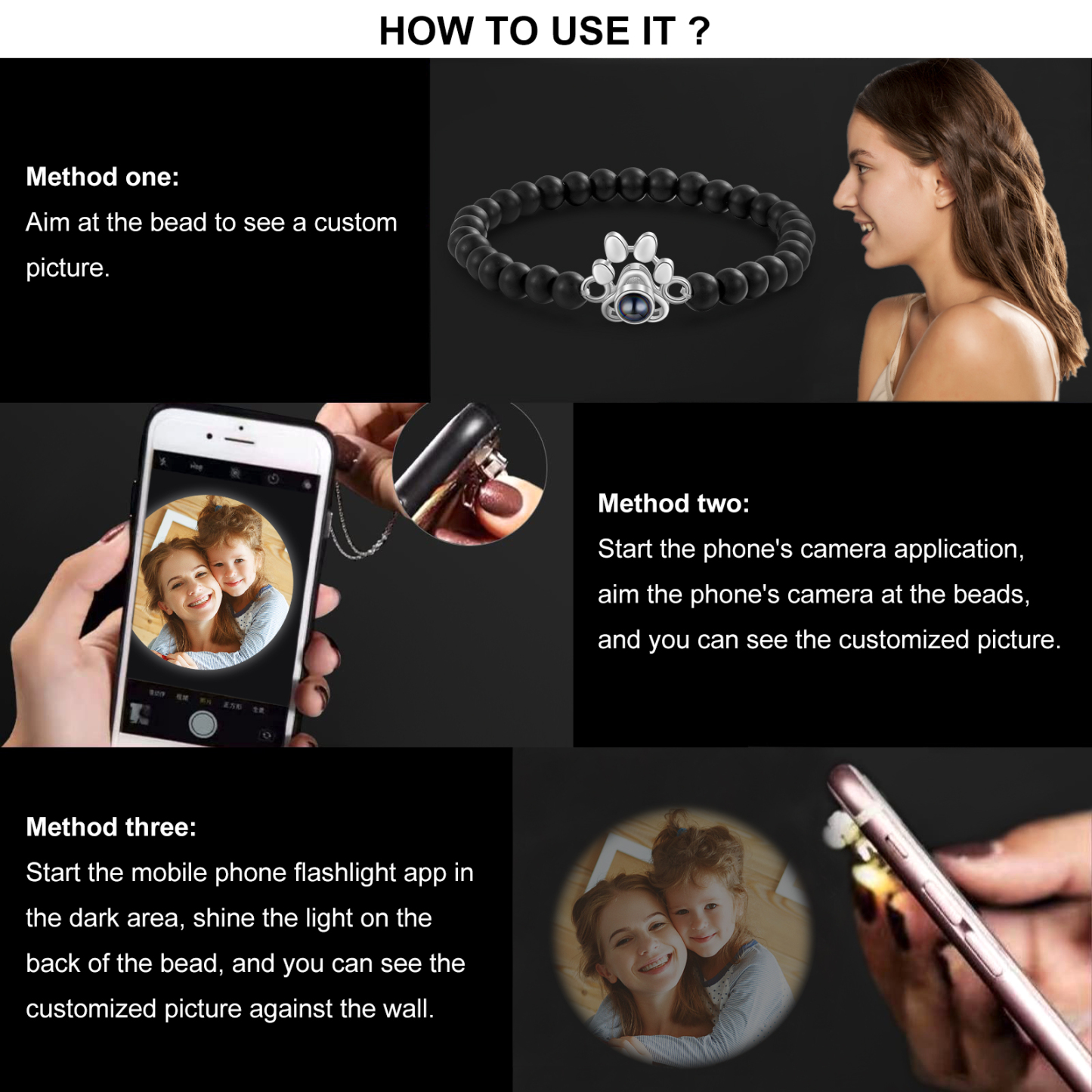 Pulsera de turquesa sintética con proyección de foto en color con dije de pata-Jessemade ES