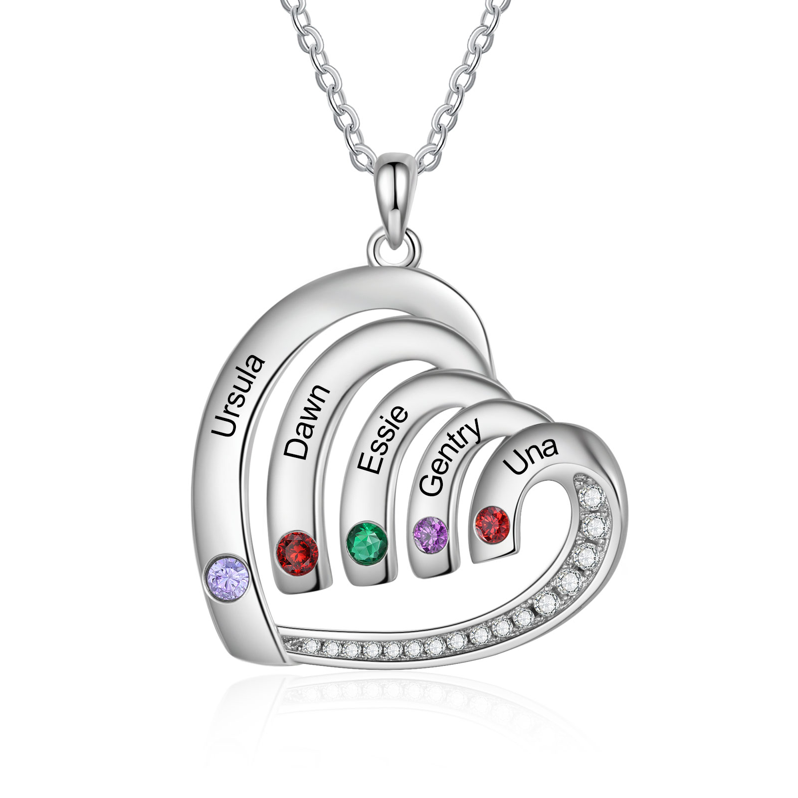 Collar en corazón con 2-5 nombres personalizados y 2-5 piedras de nacimiento-Jessemade ES