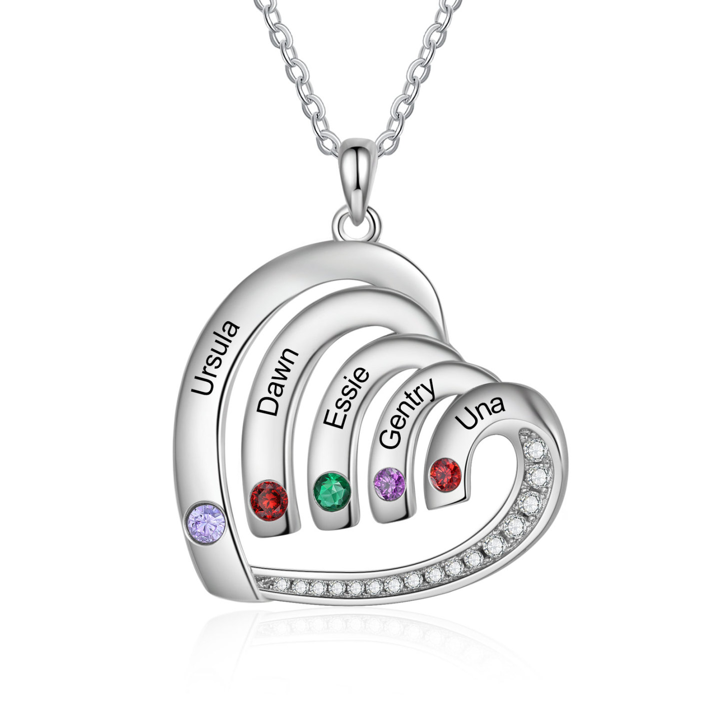 Collar en corazón con 2-5 nombres personalizados y 2-5 piedras de nacimiento-Jessemade ES