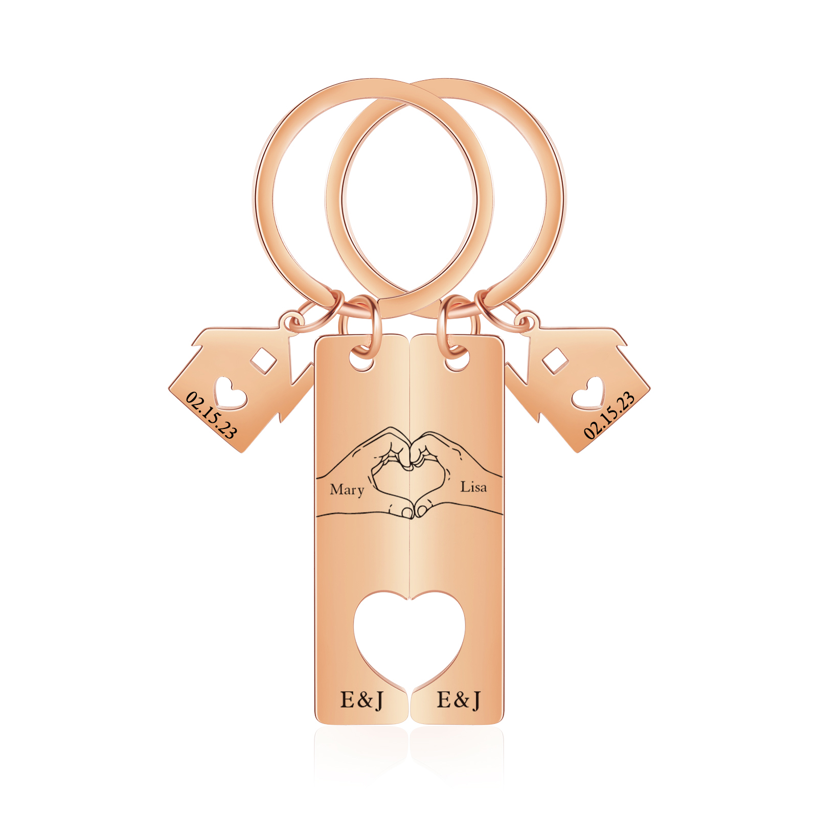 Llavero para pareja posando corazón con manos 2 nombres, 2 letras personalizados con fecha dije de casa-Jessemade ES