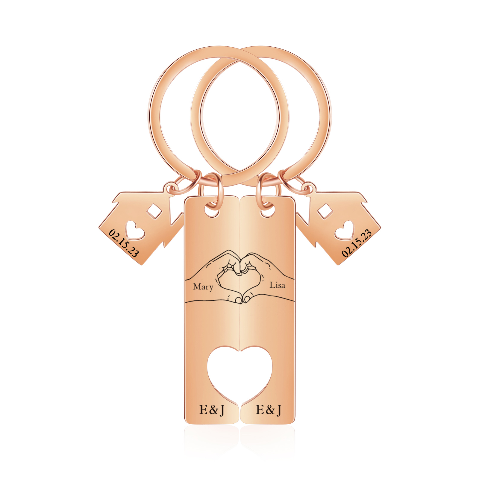 Llavero para pareja posando corazón con manos 2 nombres, 2 letras personalizados con fecha dije de casa-Jessemade ES