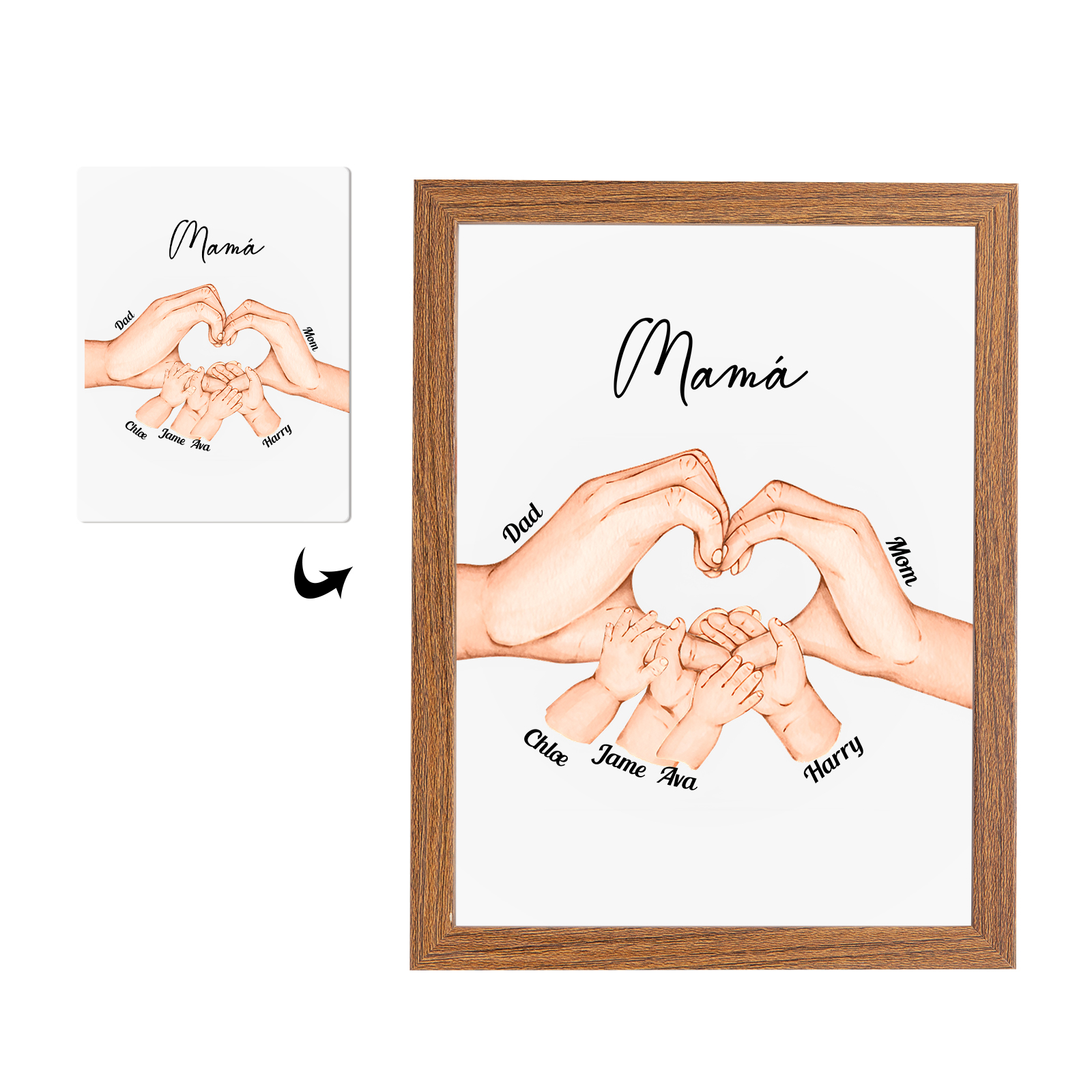 A la familia-Marco con luces de madera mano a mano 6 nombres personalizados con texto-Jessemade ES