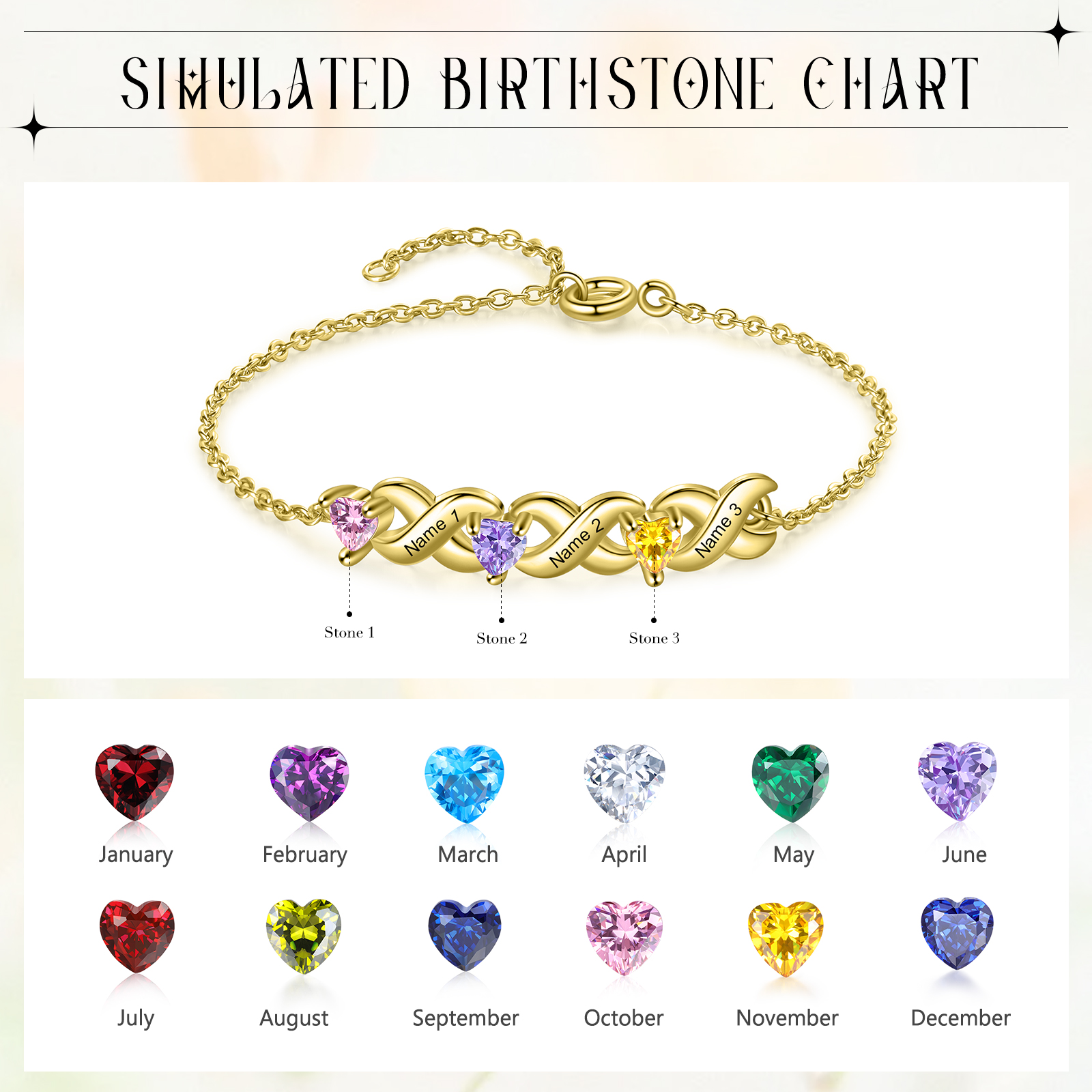 Pulsera para mujer infinito personalizada con 3 nombres y 3 piedras de nacimiento de corazón