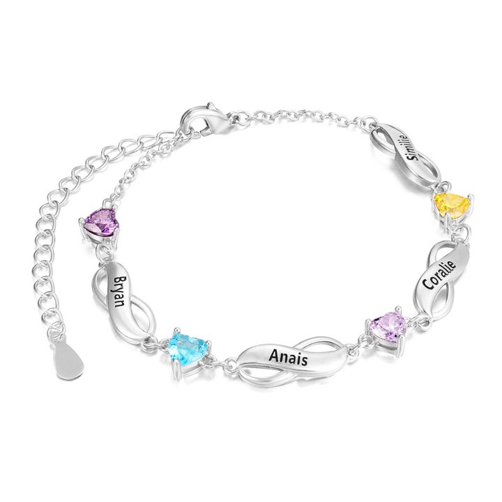 Pulsera "infinito" personalizada con 4 nombres y 4 piedras de nacimiento de corazón-Jessemade ES