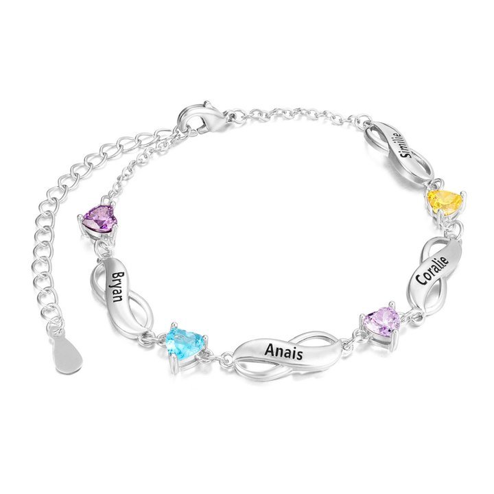 Pulsera "infinito" personalizada con 4 nombres y 4 piedras de nacimiento de corazón-Jessemade ES