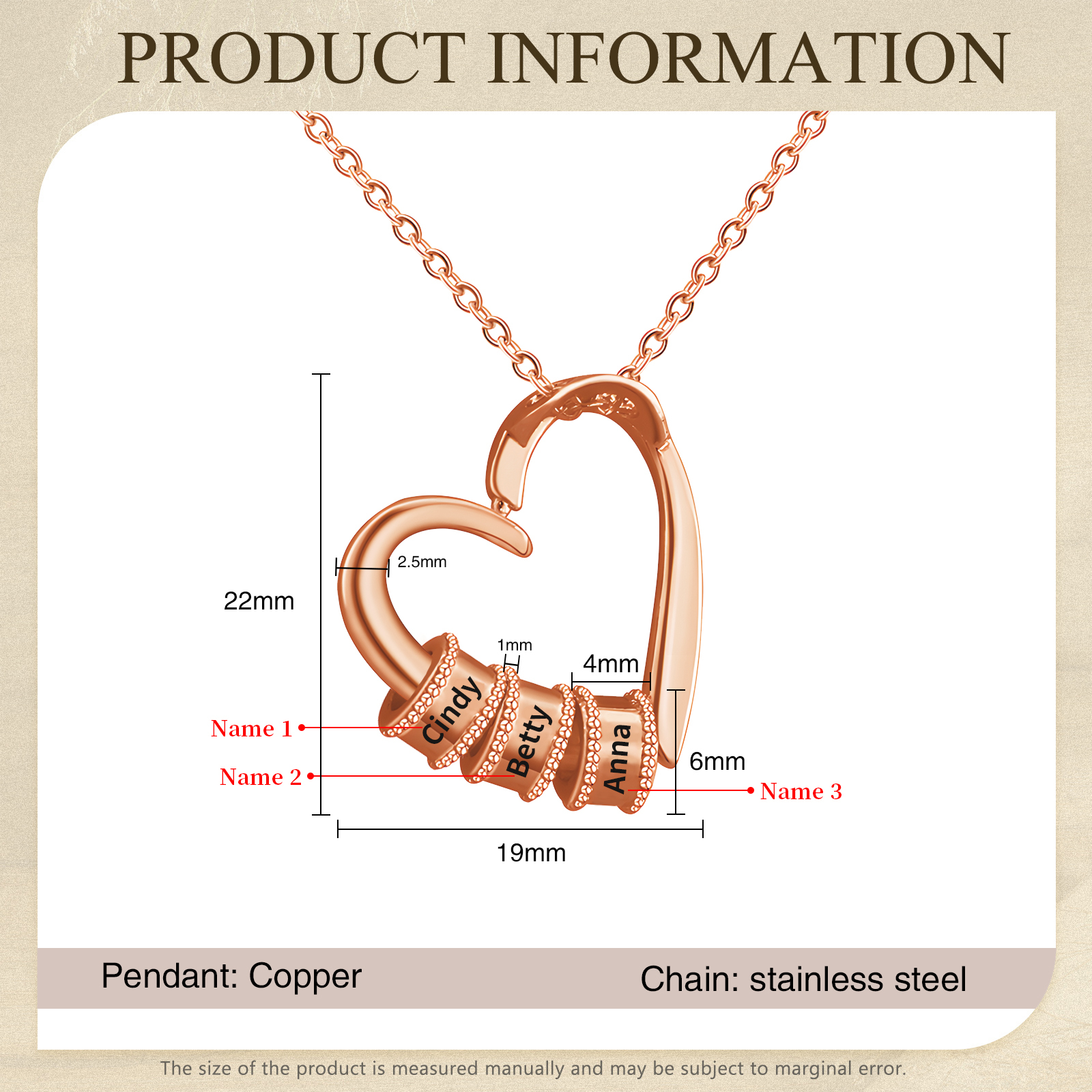 Collar colgante de corazón con 3 nombres personalizados en 3 aros-Jessemade ES