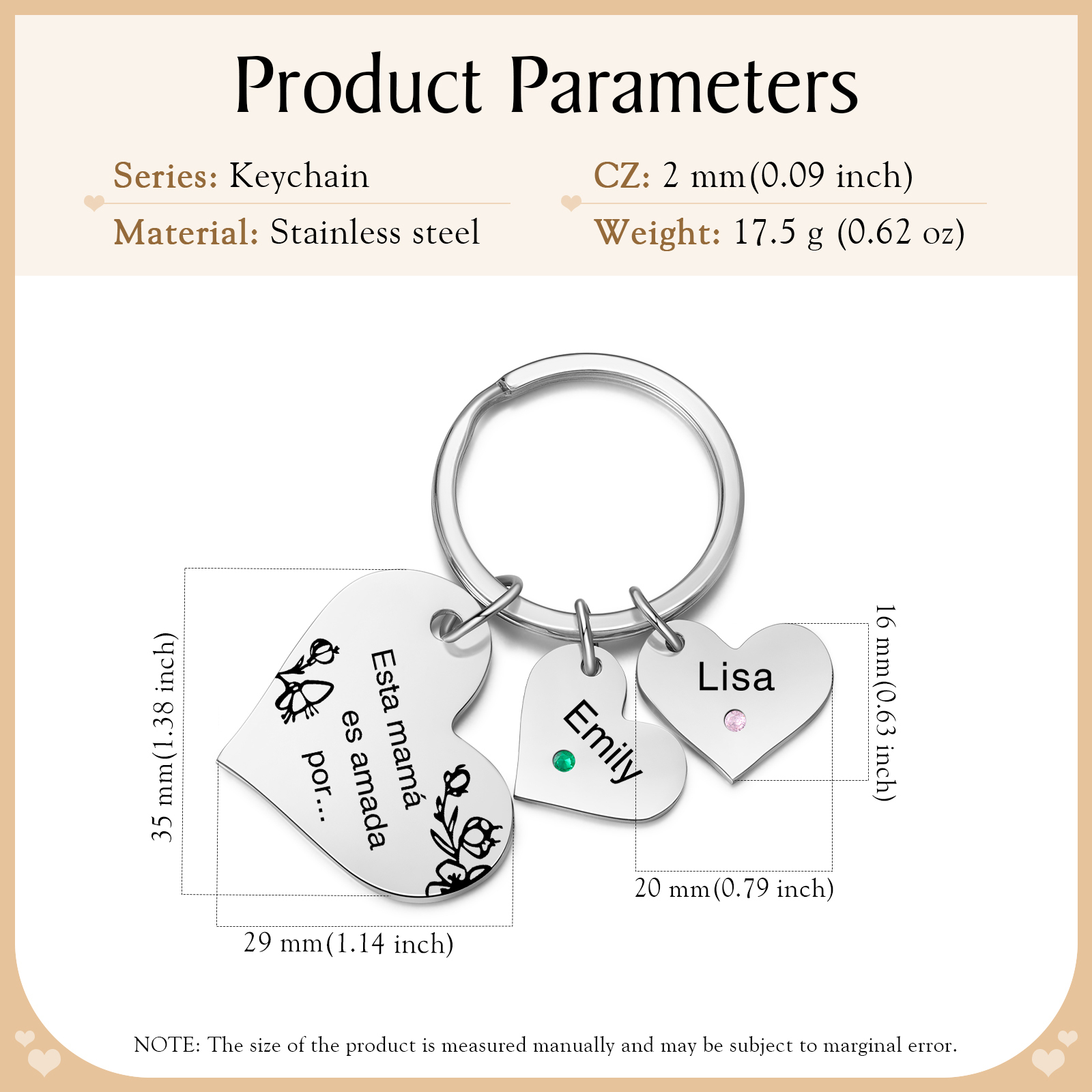 A mi mamá/abuela - Llavero con 2 nombres y piedras de nacimiento personalizados en corazones con texto-Jessemade ES