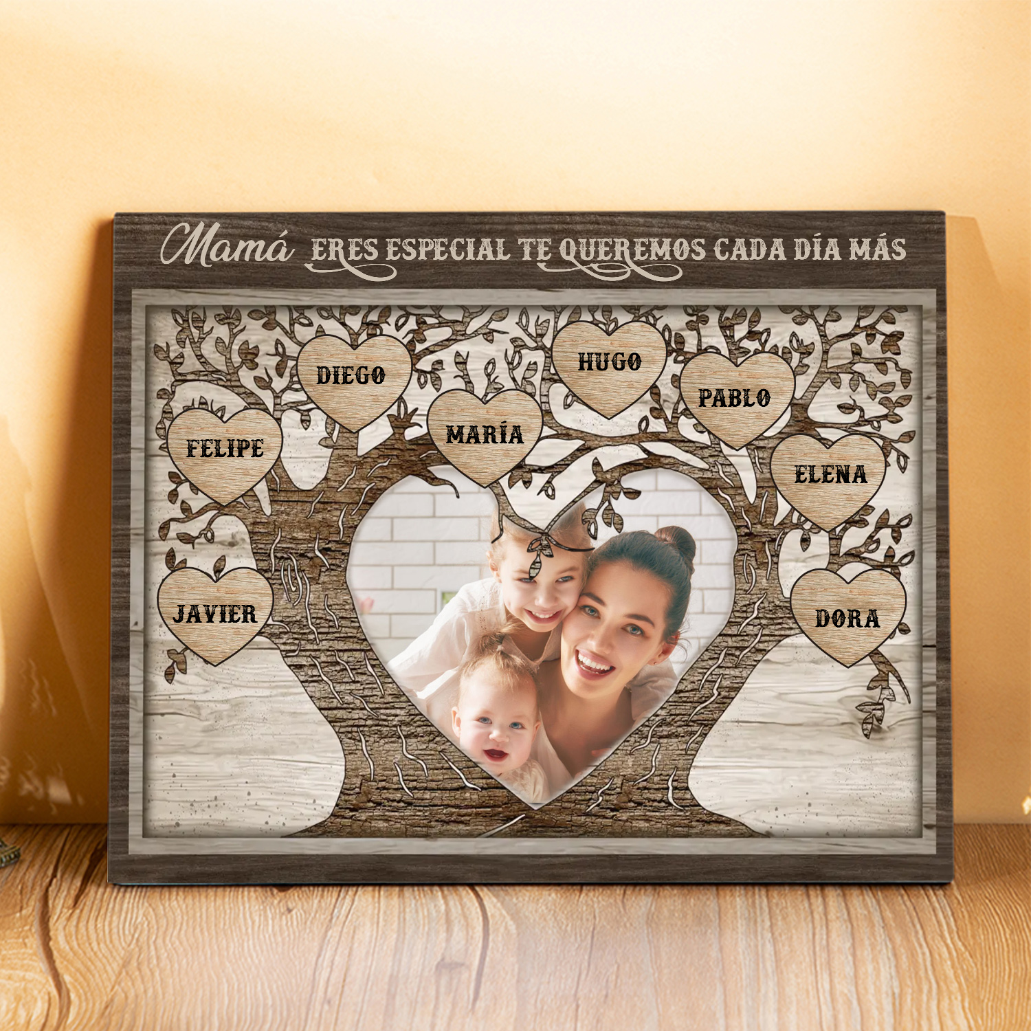 A familia - Lámina 2-9 nombres y 1 foto personalizados marco de madera árbol de la vida-Jessemade ES