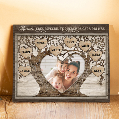 A familia - Lámina 2-9 nombres y 1 foto personalizados marco de madera árbol de la vida-Jessemade ES