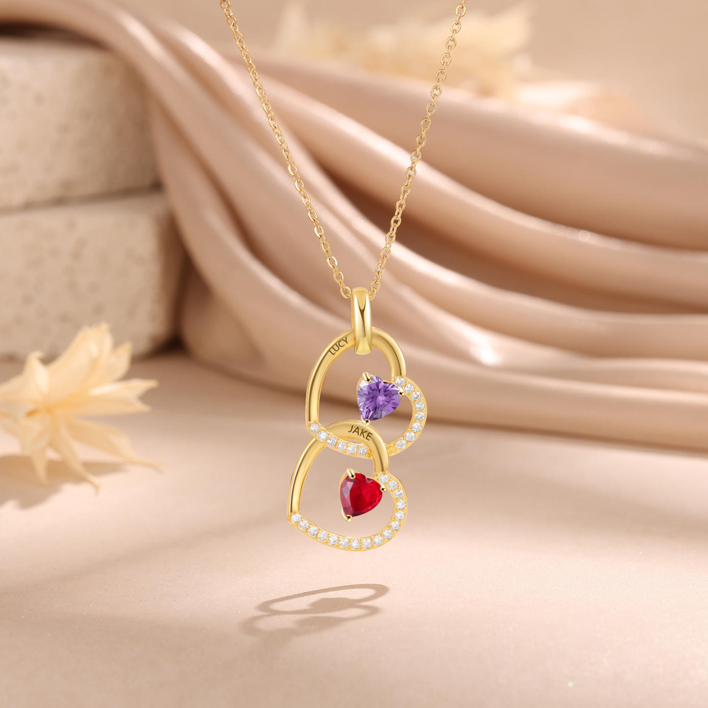 Collar corazones con 1-3 nombres personalizados y 1-3 piedras de nacimiento-Jessemade ES