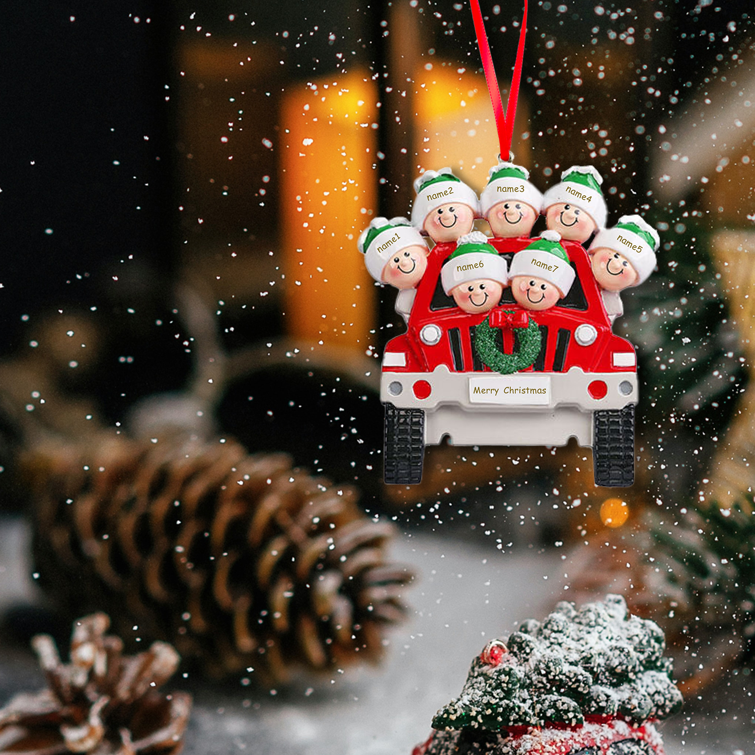 Navidad-Ornamentos con Muñecos Navideños en Coche 6 Nombres con Texto Personalizados Adorno de Resina