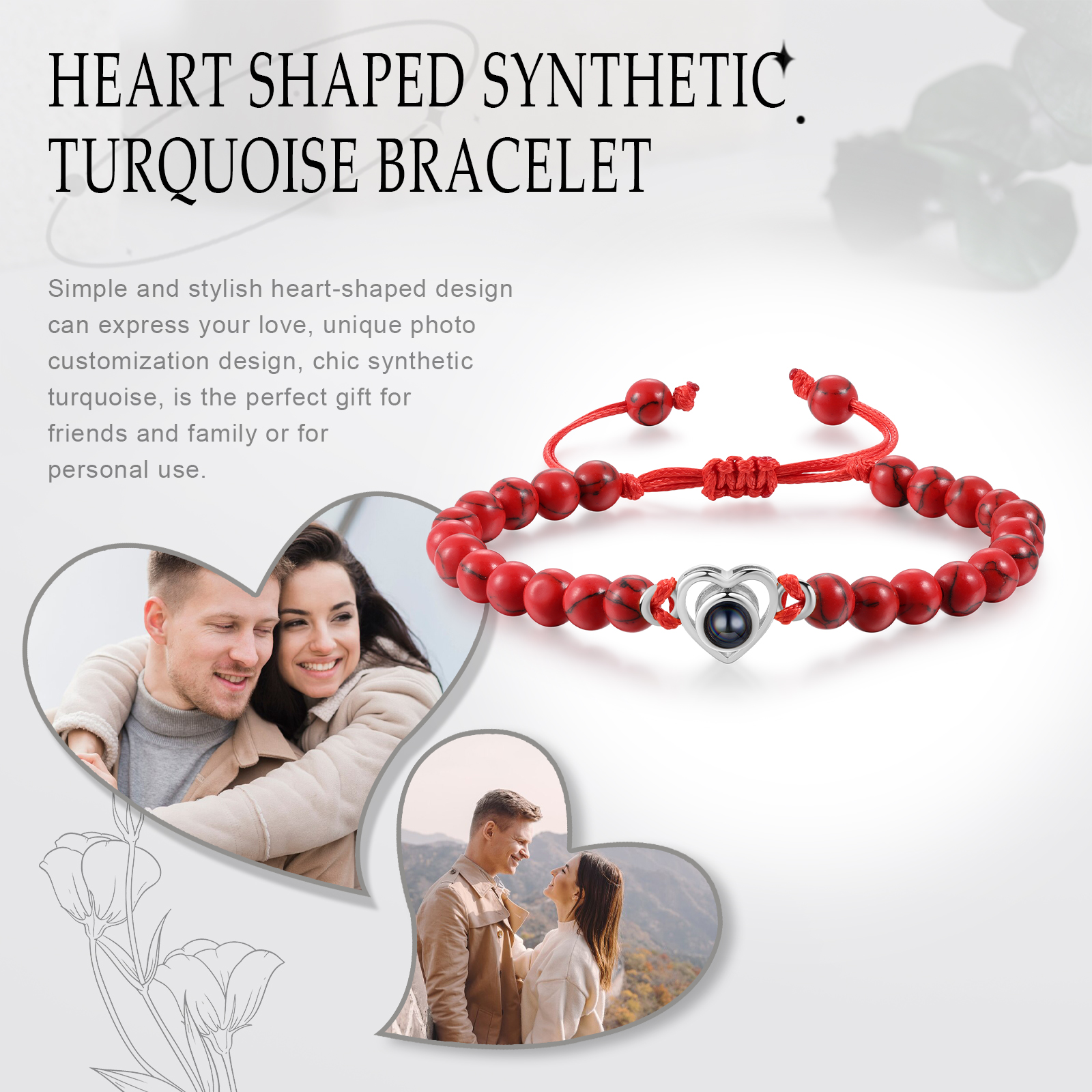 Pulsera de turquesa roja sintética con proyección de foto en color con dije de corazón pulsera ajustable-Jessemade ES