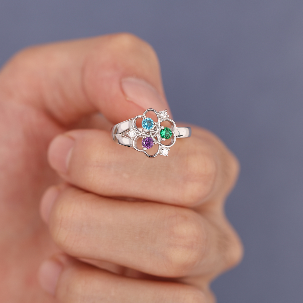 Anillo de Plata 925 con 3 Nombres Personalizados y 3 Piedras de Nacimiento