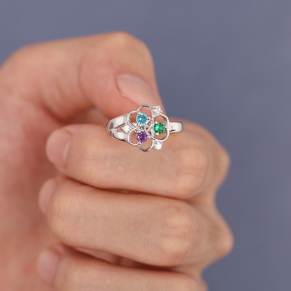 Anillo de Plata 925 con 3 Nombres Personalizados y 3 Piedras de Nacimiento