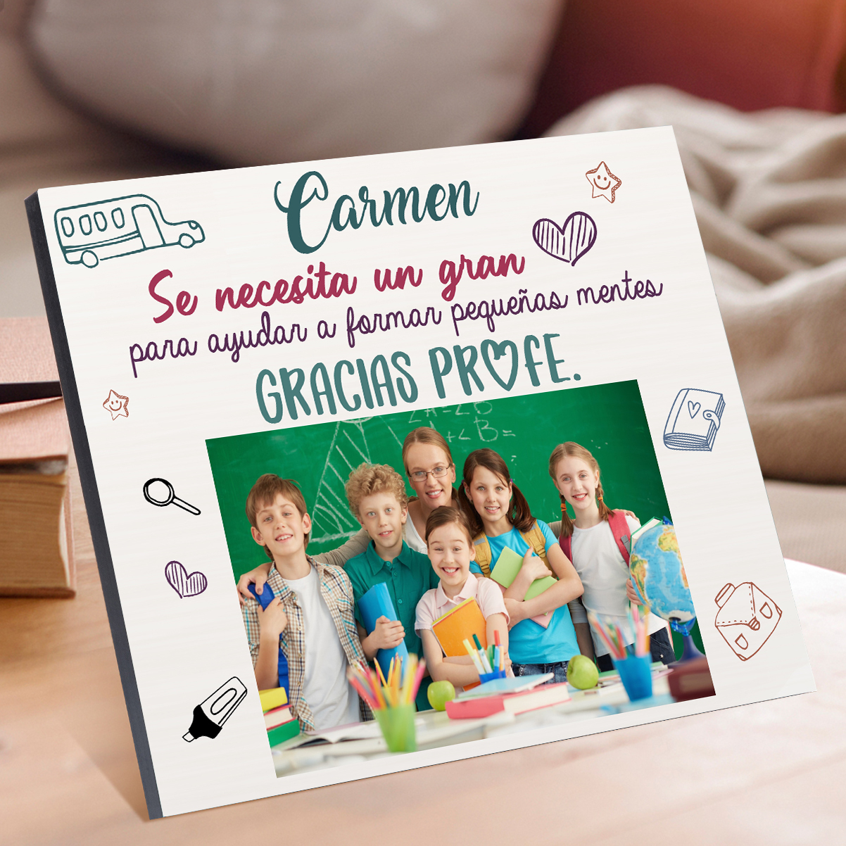 A mi profe-Lámina marco de madera Gracias Profe de 1 foto y 1 nombre-Jessemade ES