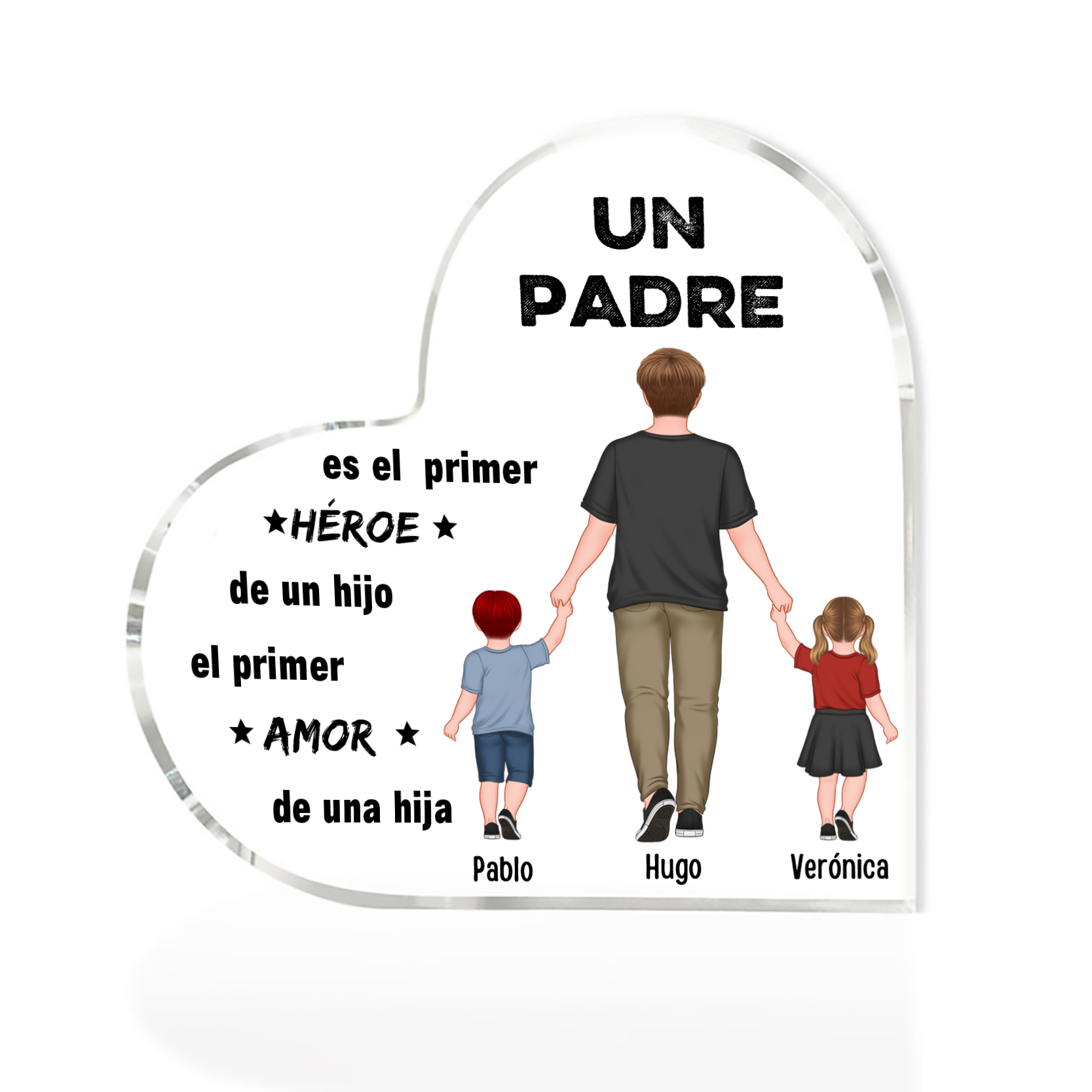 Placa de acrílico en forma de corazón papá e hijos con 3 nombres personalizados-Jessemade ES