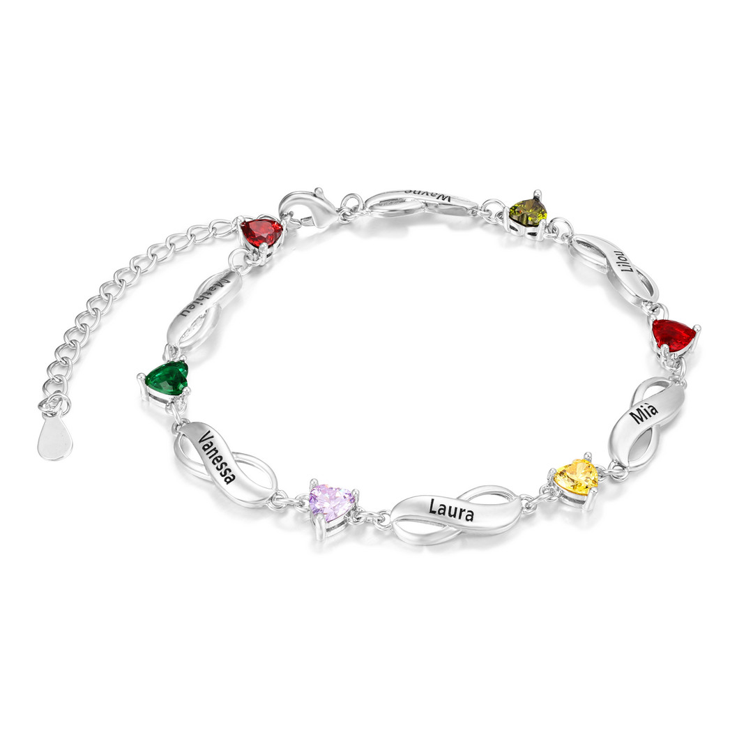 Pulsera "infinito" personalizada con 6 nombres y 6 piedras de nacimiento de corazón-Jessemade ES