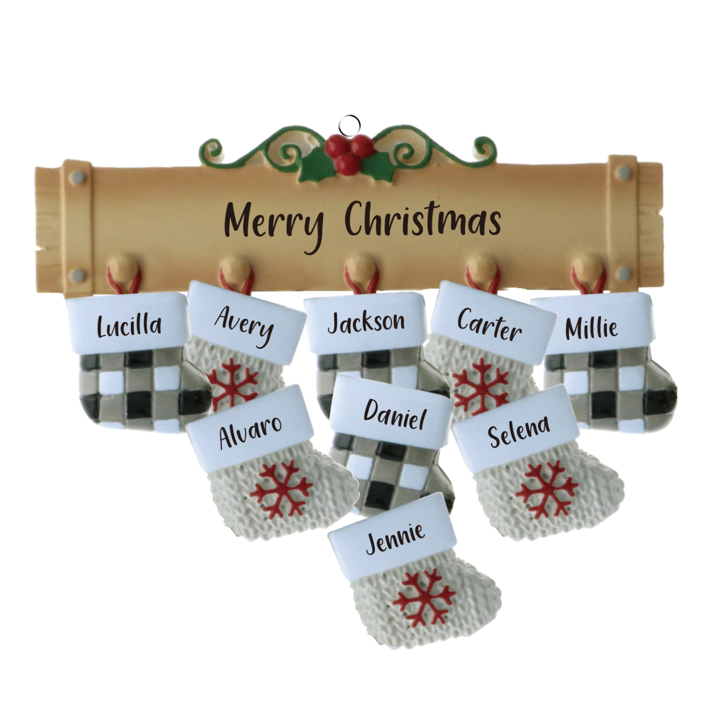 Navidad-Ornamento muñecos navideño de madera calcetines 9 nombres y 1 texto personalizados adorno del árbol-Jessemade ES