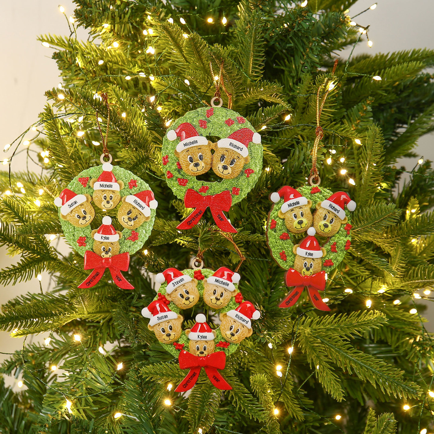 Navidad-Ornamentos Navideños de Madera Guirnalda y osos 3 Nombres con 2 Textos Personalizados