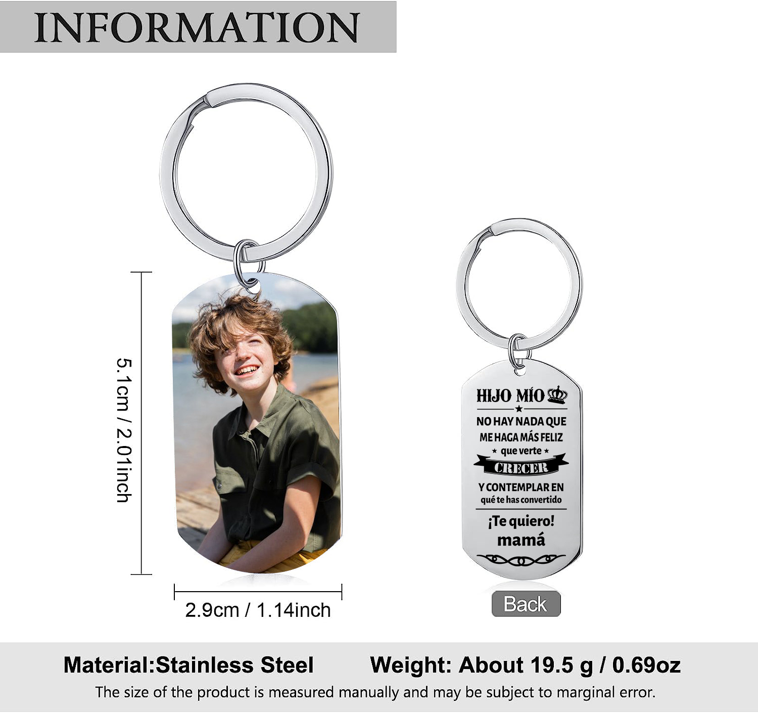 A mi hijo-Llavero de placa "¡Te quiero!" de padres personalizado con 1 foto-Jessemade ES