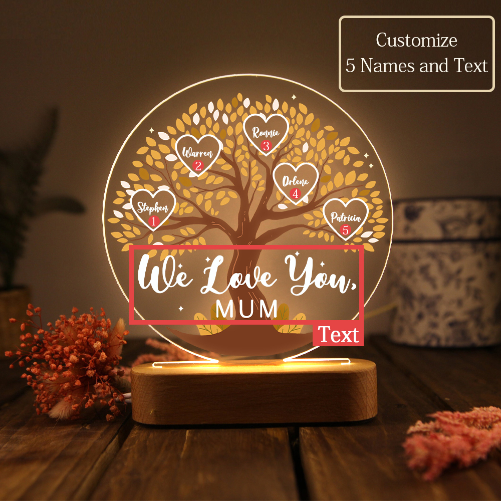 Lámpara de noche LED Árbol de la Vida 5 nombres y 1 texto personalizados-Jessemade ES