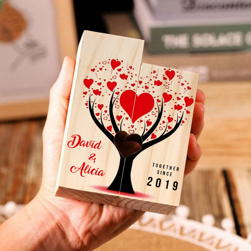 Candelero de árbol de amor para pareja de madera de dos piezas sin candela con 2 nombres y texto personalizados y año-Jessemade ES