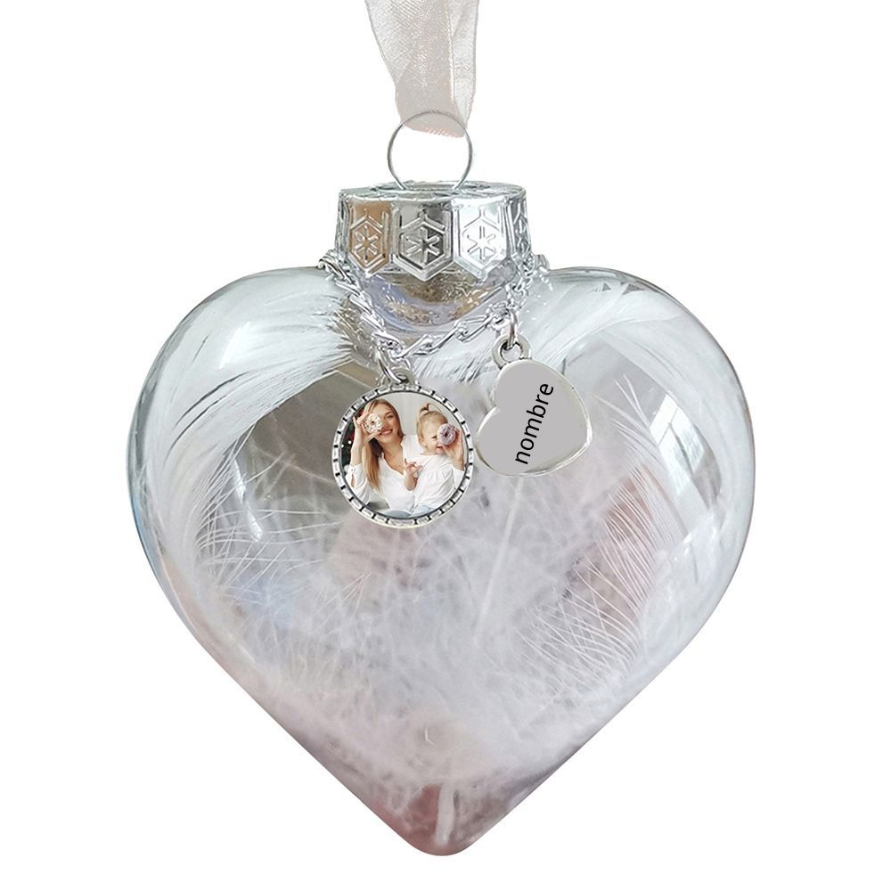 Bola navideña Adorno de Navidad 1 nombre y 1 foto personalizados en forma de corazón con pluma 