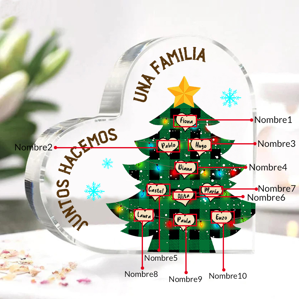 Navidad - Placa de acrílico en forma de corazón árbol con luces con 10 nombres personalizados-Jessemade ES