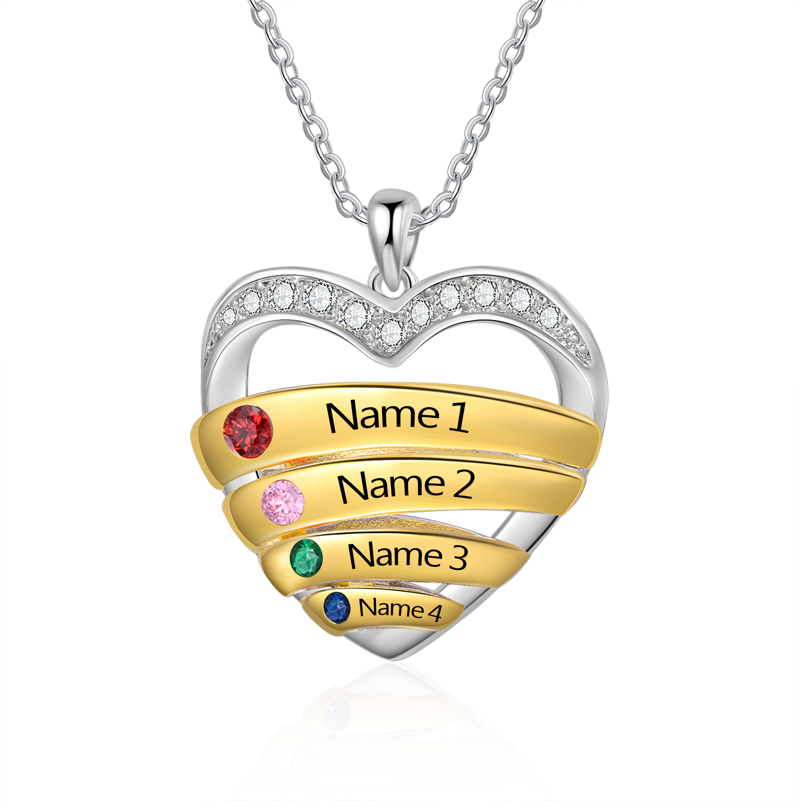 Collar de corazón con 4 nombres y piedras de nacimiento personalizados-Jessemade ES