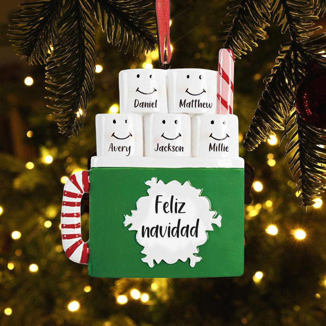 Navidad-Ornamento muñecos navideño de madera taza 5 nombres y 1 texto personalizados adorno del árbol-Jessemade ES