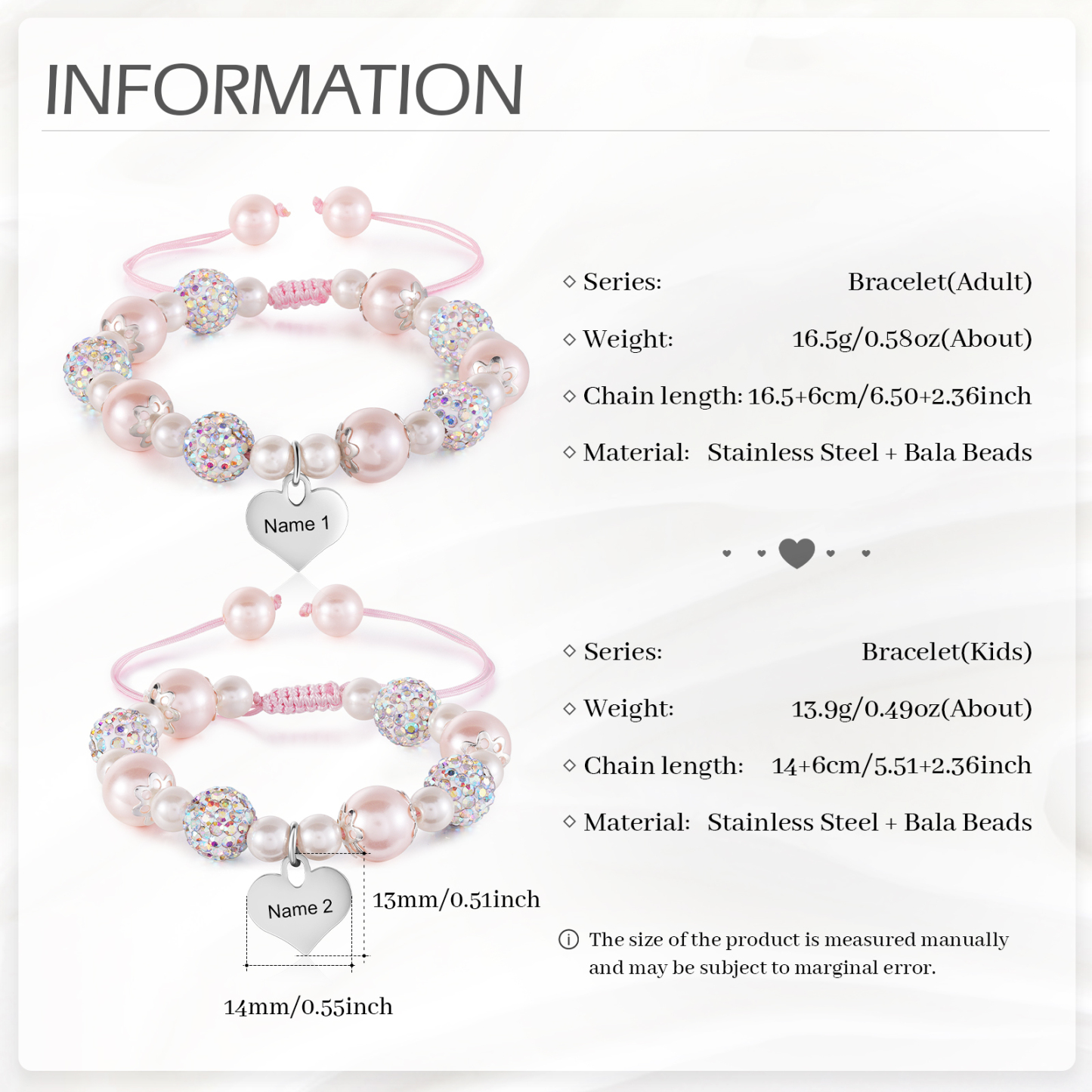 Unidad de 2 pulseras de perlas para mamá e hija con dije personalizado de 2 nombres