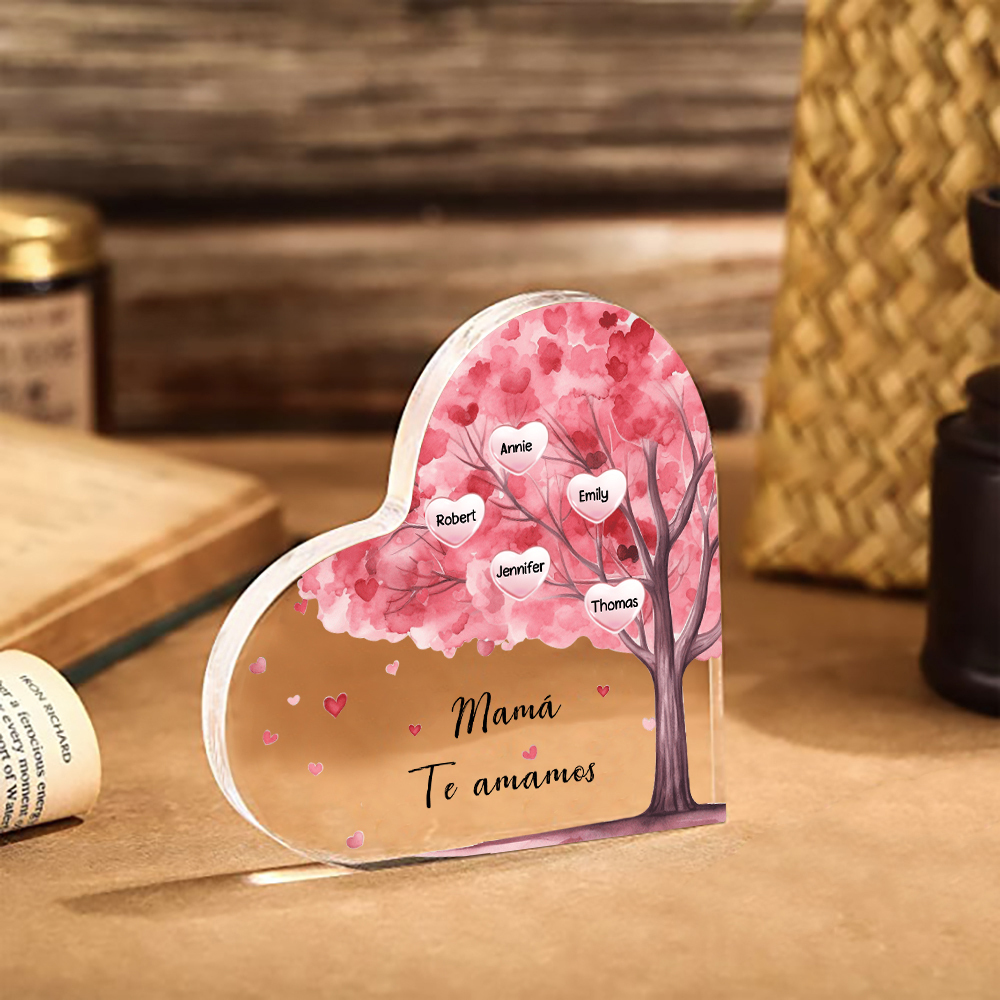 A mi mamá/abuela-Placa de acrílico "Árbol" en forma de corazón 5 nombres y 1 texto personalizados-Jessemade ES