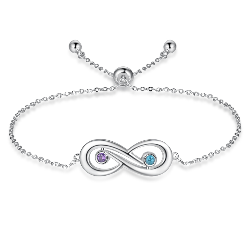 Pulsera infinito ajustable con 2 piedras de nacimiento y 2 nombres personalizados