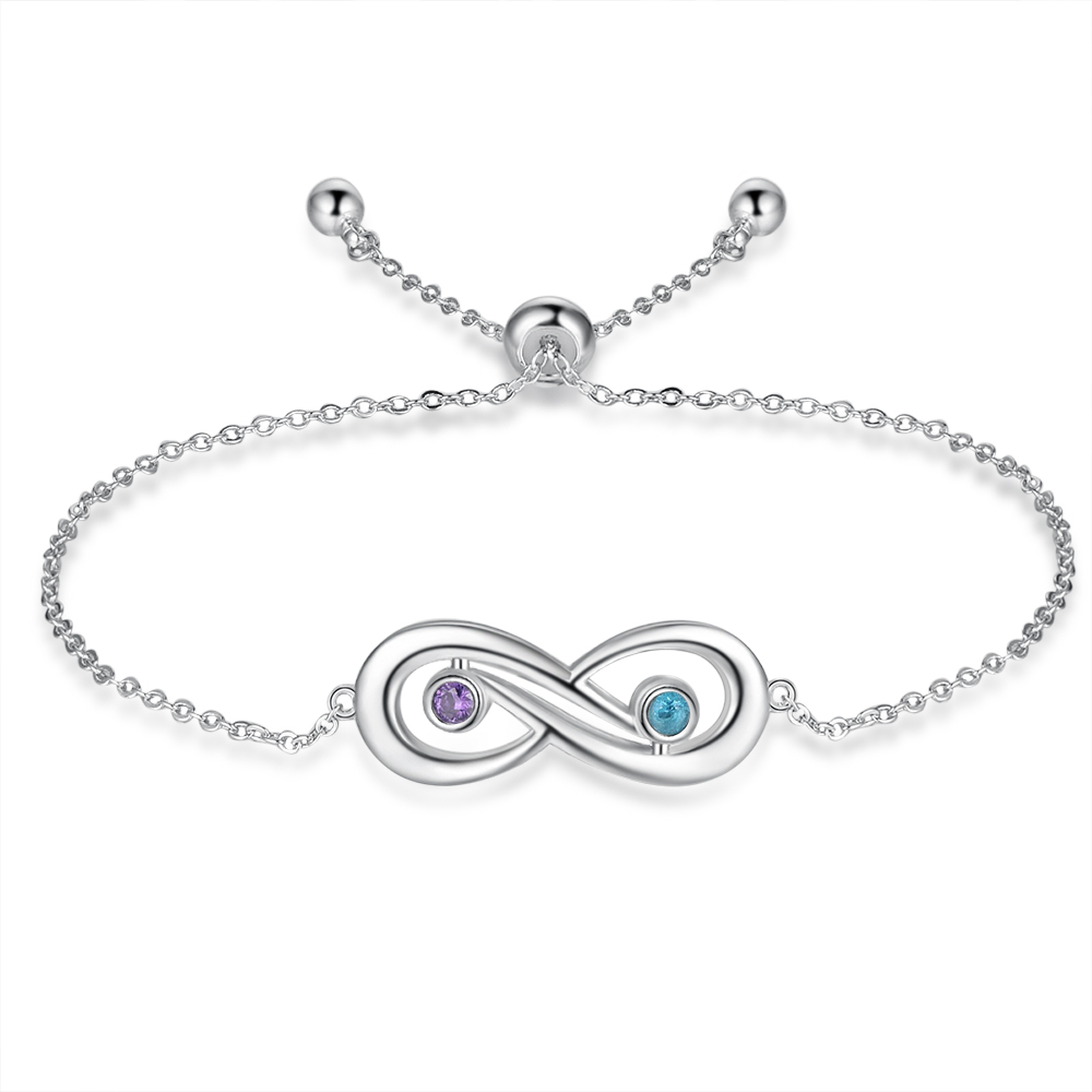 Pulsera infinito ajustable con 2 piedras de nacimiento y 2 nombres personalizados