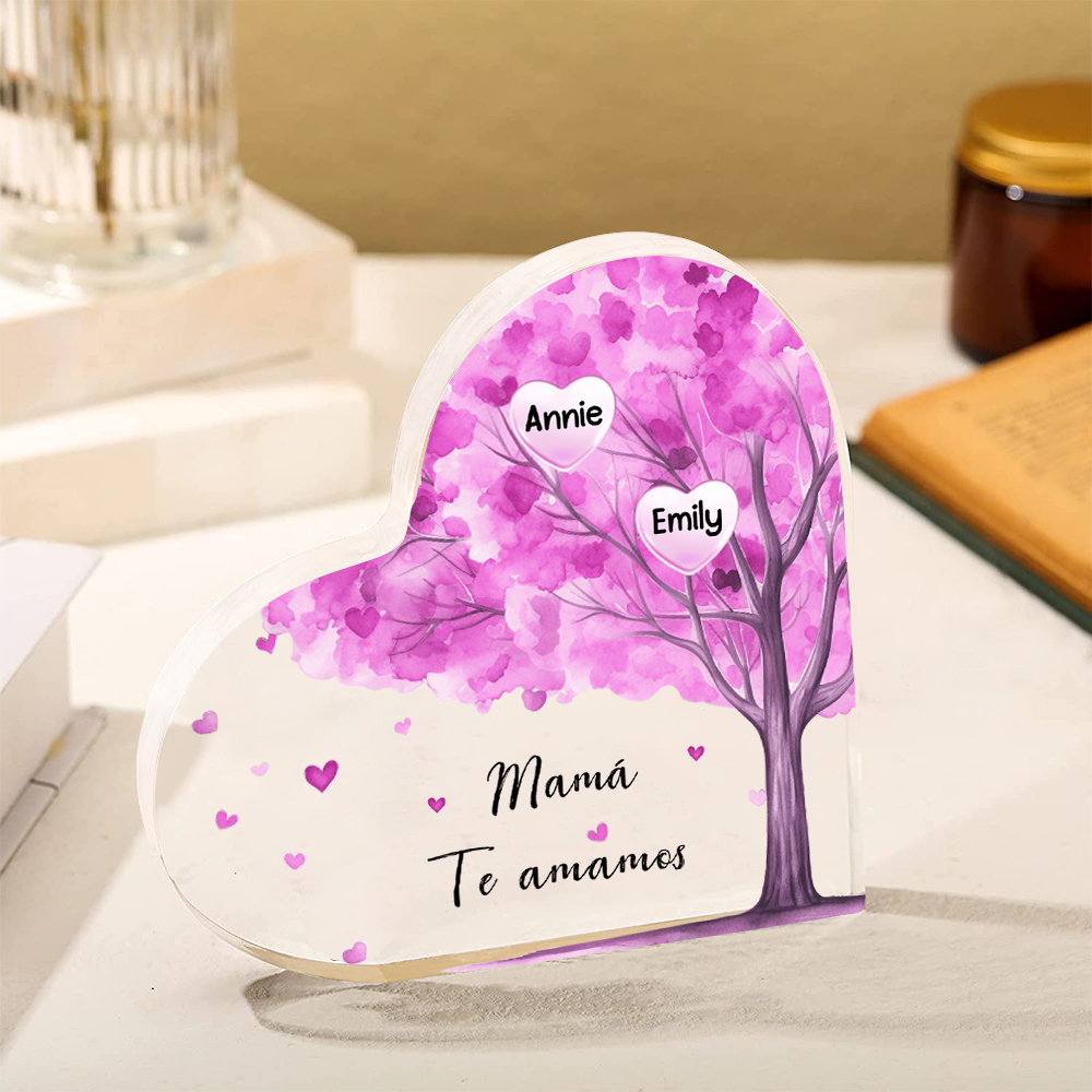 A mi mamá/abuela-Placa de acrílico "Árbol" en forma de corazón 2 nombres y 1 texto personalizados-Jessemade ES