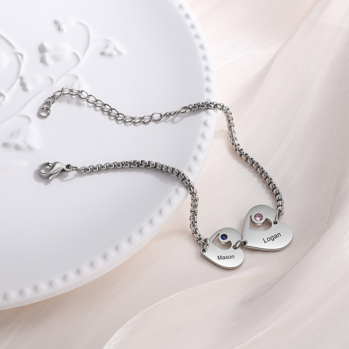 Pulsera de corazón personalizada con 2 nombres y 2 piedras de nacimiento-Jessemade ES