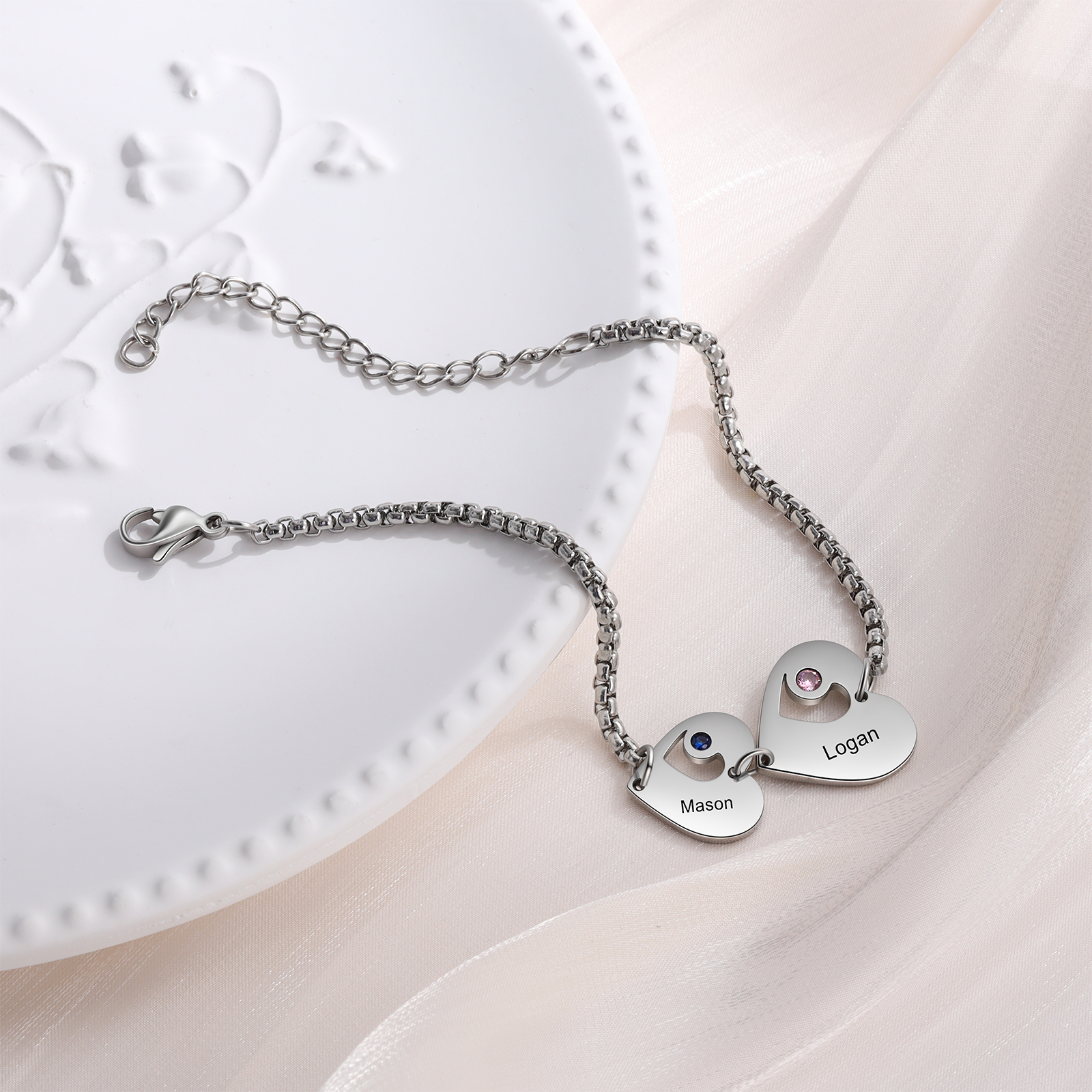 Pulsera de corazón personalizada con 2 nombres y 2 piedras de nacimiento-Jessemade ES