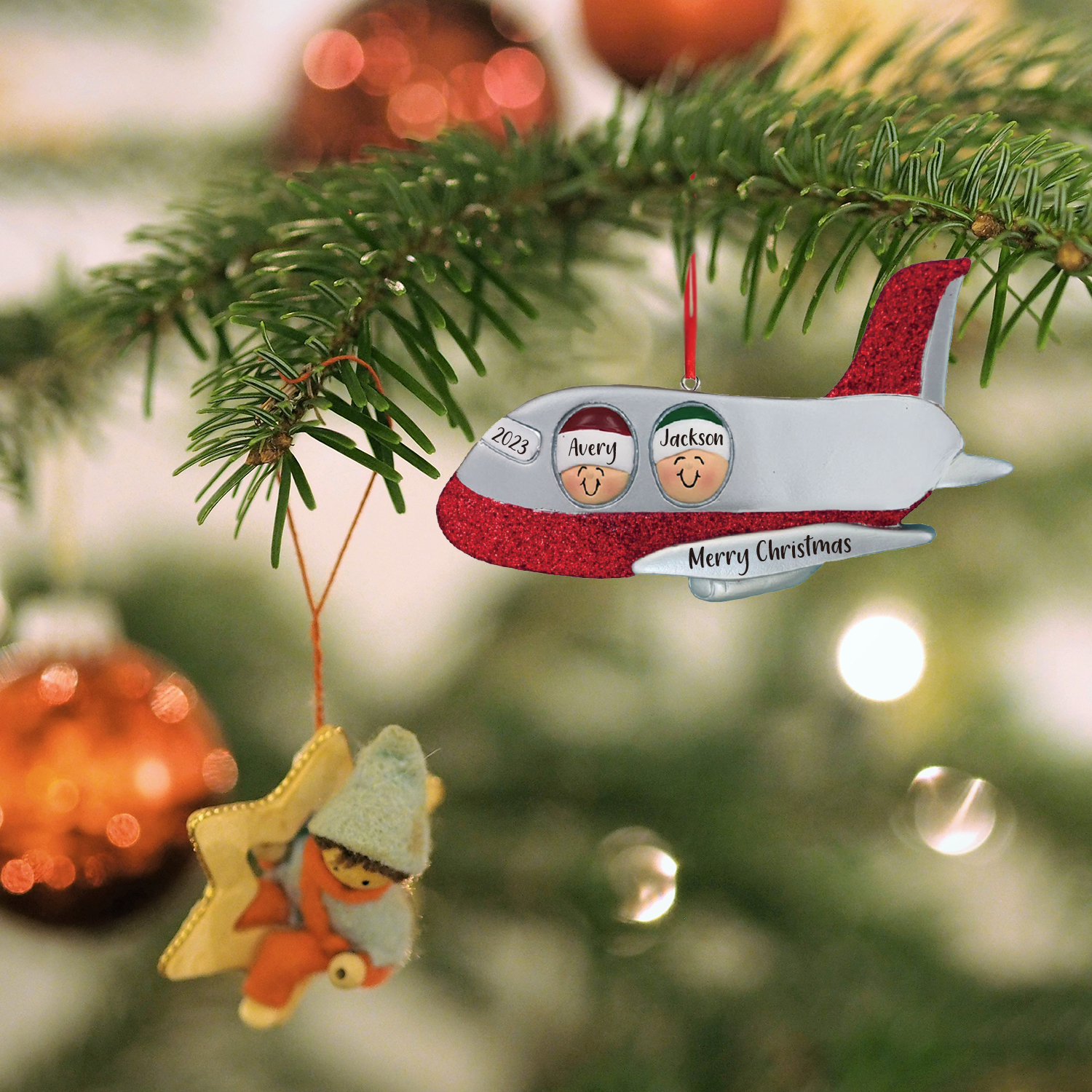 Navidad-Ornamento muñecos navideño de madera viaje en avión 2 nombres, 1 texto y 1 año personalizados adorno del árbol-Jessemade ES