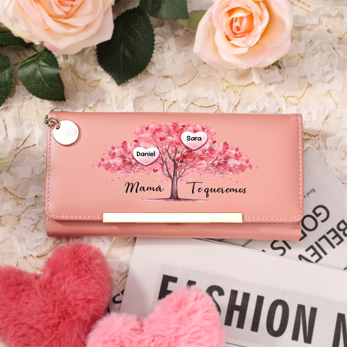 Cartera de mujer personalizada con 1 a 6 nombres y un motivo de Árbol de la Vida rosa
