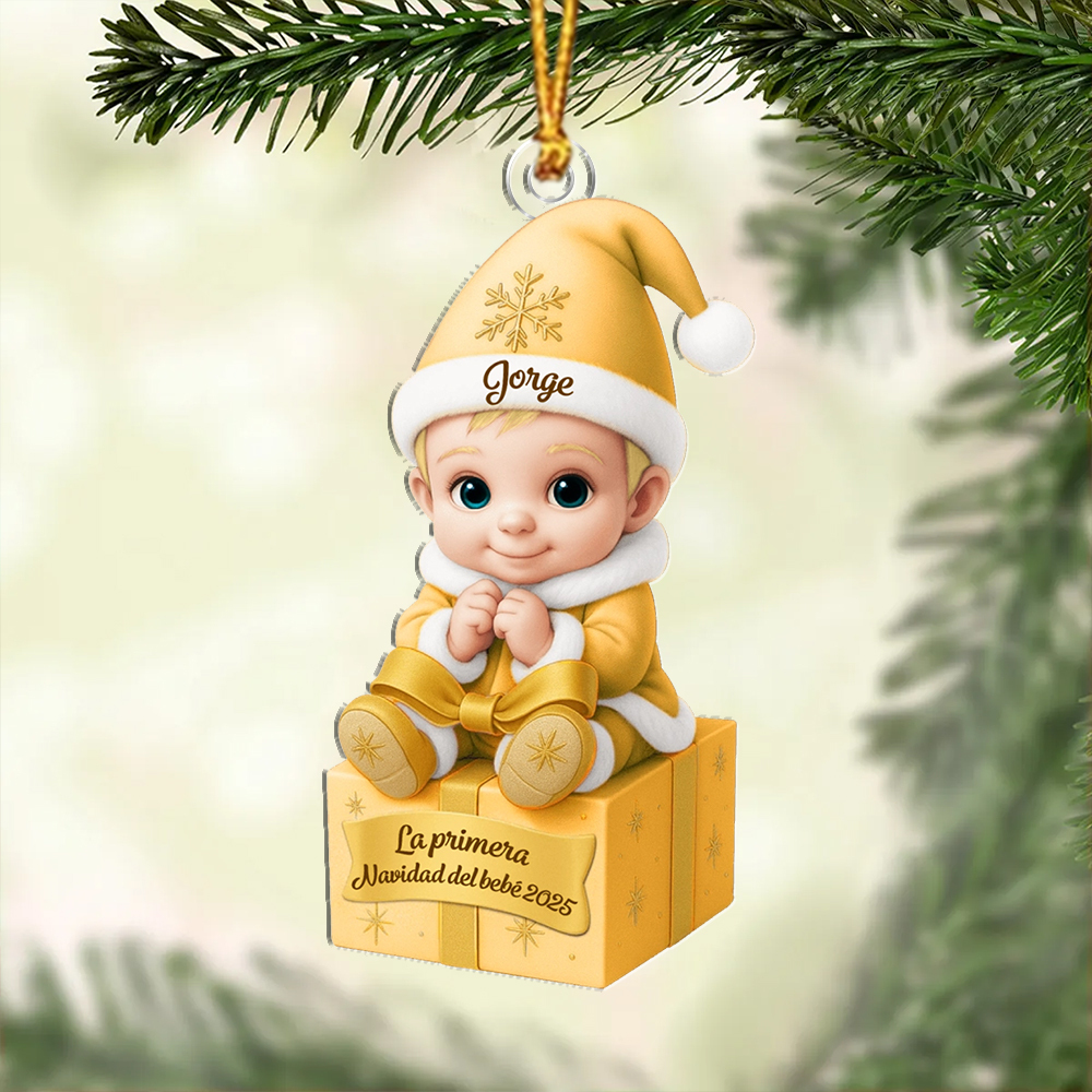 Adorno personalizado para el árbol de Navidad – Bebé sobre un regalo para su primera Navidad