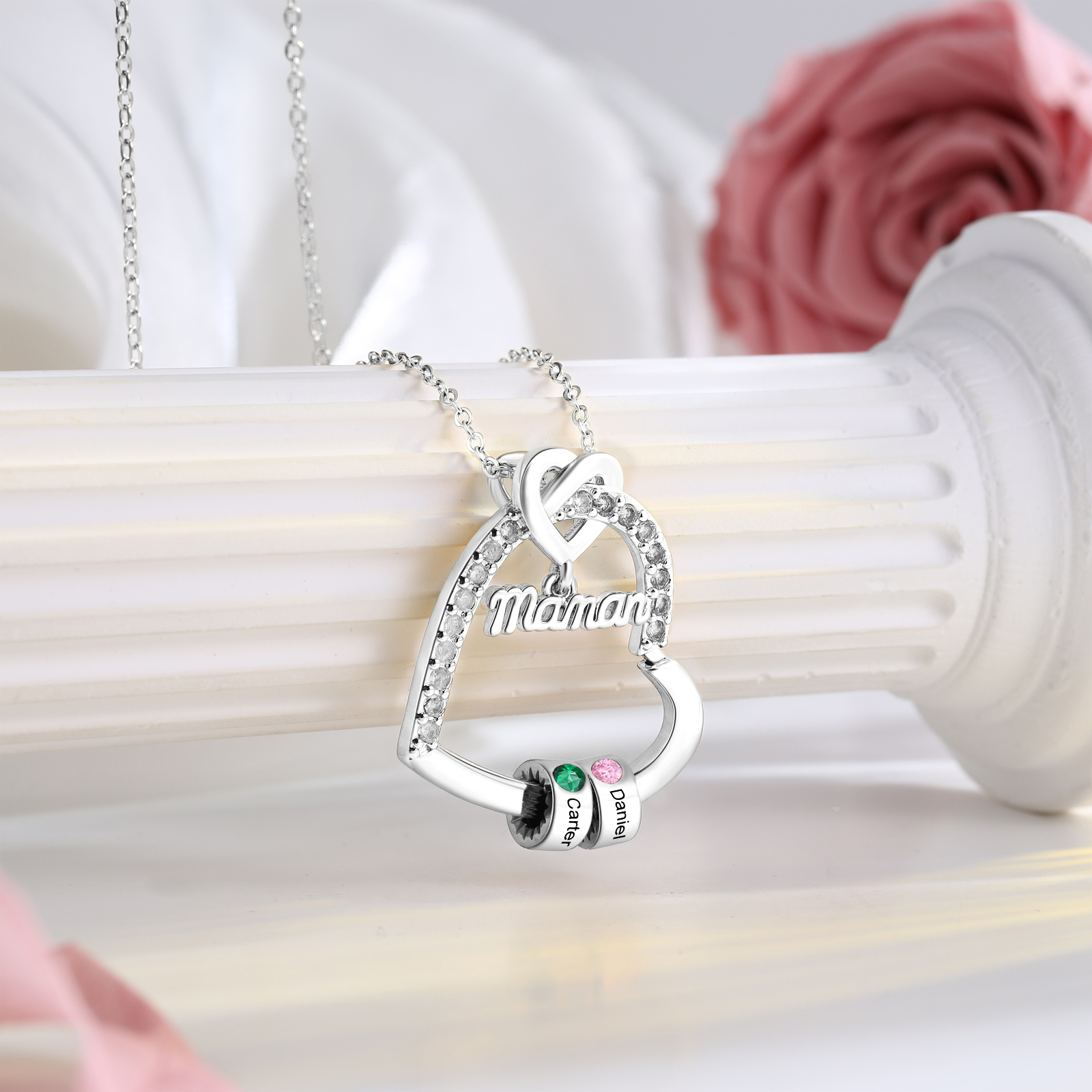Collar de corazón personalizado para mamá con piedra de nacimiento y de 1 a 5 nombres