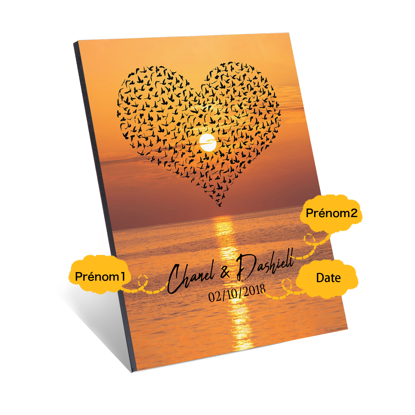 Lámina "corazón de pájaros" marco de madera para pareja 2 nombres personalizados con fecha-Jessemade ES