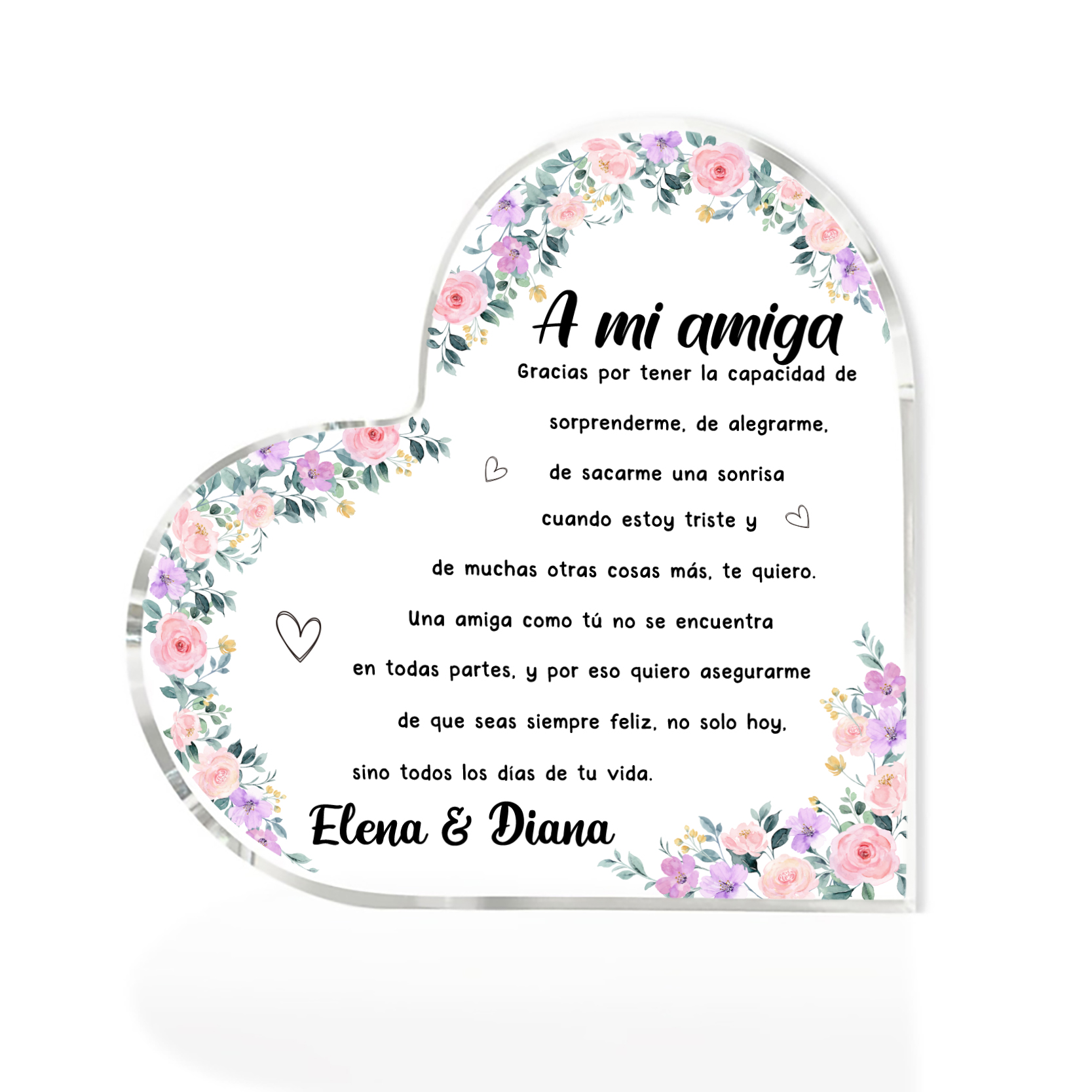 Placa de acrílico en forma de corazón para amiga con 1 texto personalizado-Jessemade ES