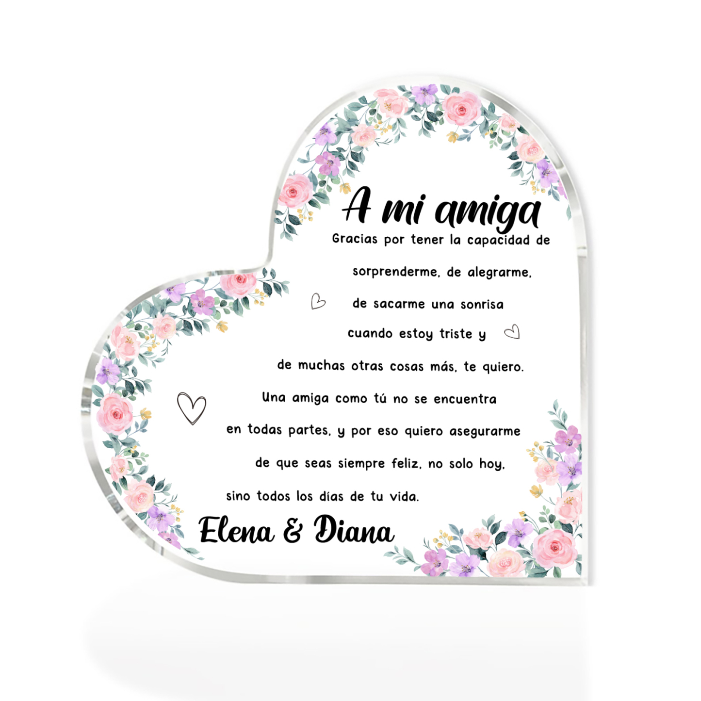 Placa de acrílico en forma de corazón para amiga con 1 texto personalizado-Jessemade ES