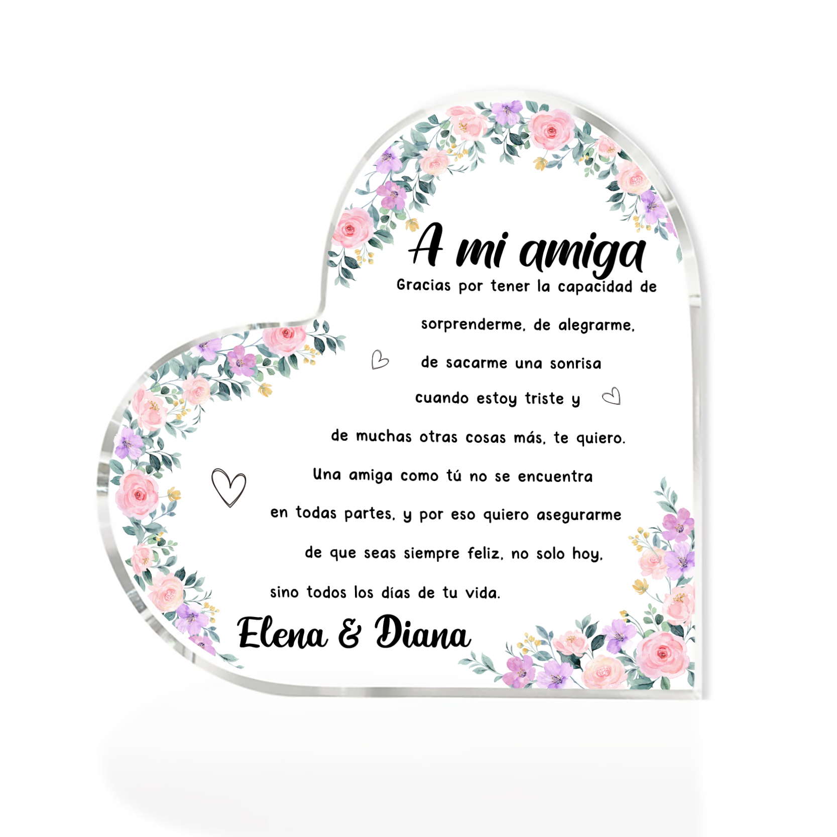 Placa de acrílico en forma de corazón para amiga con 1 texto personalizado-Jessemade ES