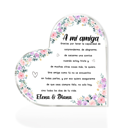 Placa de acrílico en forma de corazón para amiga con 1 texto personalizado-Jessemade ES